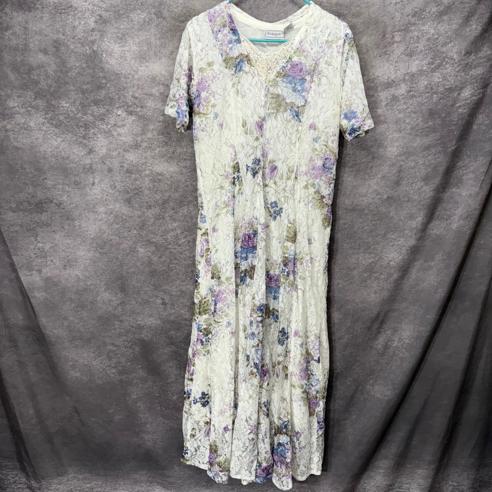 VTG 90s Nostalgia Lace Floral Midi Dress Sz L White Purple Cottage Fairy Grunge